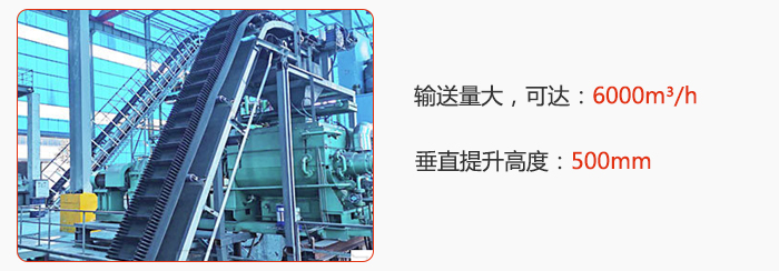 大傾角帶式輸送機輸送量大，可達：6000m3/h，垂直提升高度：500mm